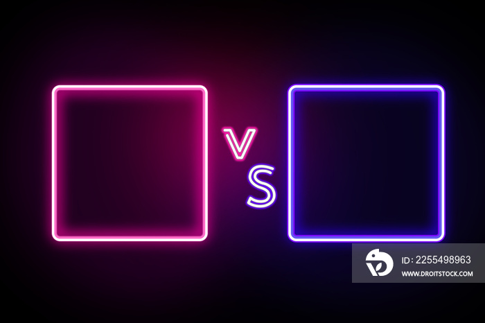 Versus screen with neon frames and vs sign on the dark background.