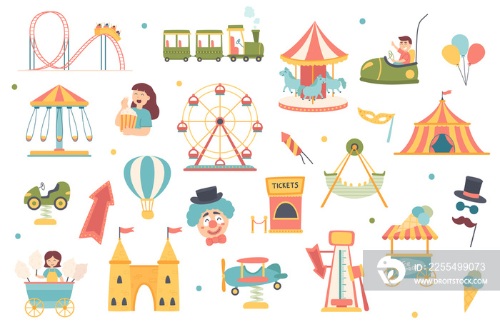 Amusement park isolated objects set. Collection of carousels and attractions, roller coasters, popcorn, clown, children, cotton candy, ice cream. Illustration of design elements in flat cartoon