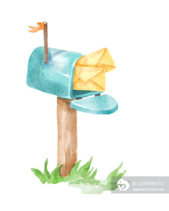 Watercolor illustration of mailbox with two yellow envelopes. Han-drawn illustration isolated on the white background. Beautiful picture for wedding or invitation card