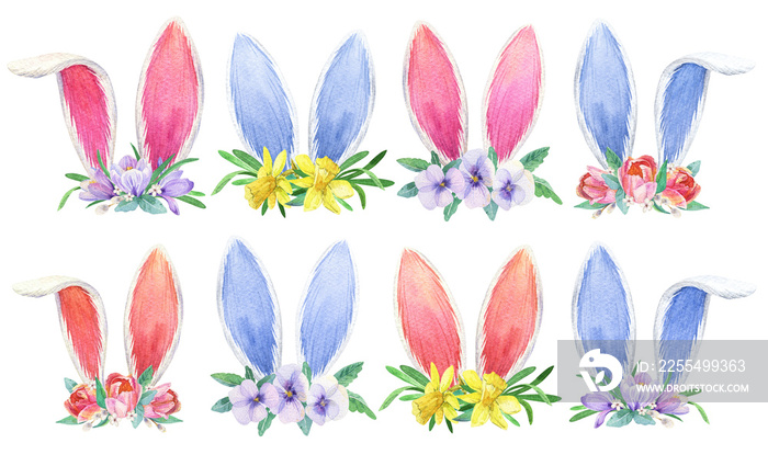 Watercolor bunnies ears with flower crown. Cute easter illustration