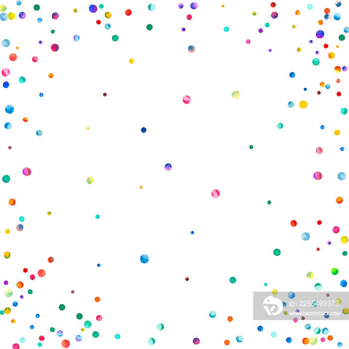 Watercolor confetti on white background. Adorable rainbow colored dots. Happy celebration square colorful bright card. Eminent hand painted confetti.