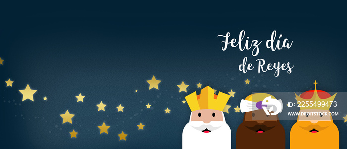 Feliz dia de los reyes magos de oriente. Fondo con espacio para texto navidad. Personajes infantiles para niños