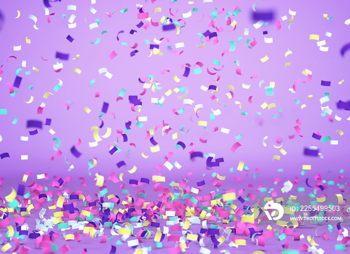 Colorful confetti falling on purple background