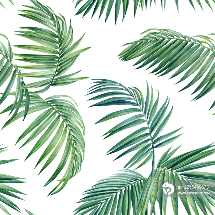 Seamless pattern, tropical palm leaves, watercolor illustration, botanical painting, jungle design
