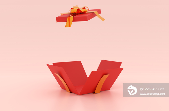 Open Christmas gift box for product advertisement on red or pink background, 3d rendering illustration. Holiday banner, web poster, flyer, stylish brochure, greeting card, Xmas background