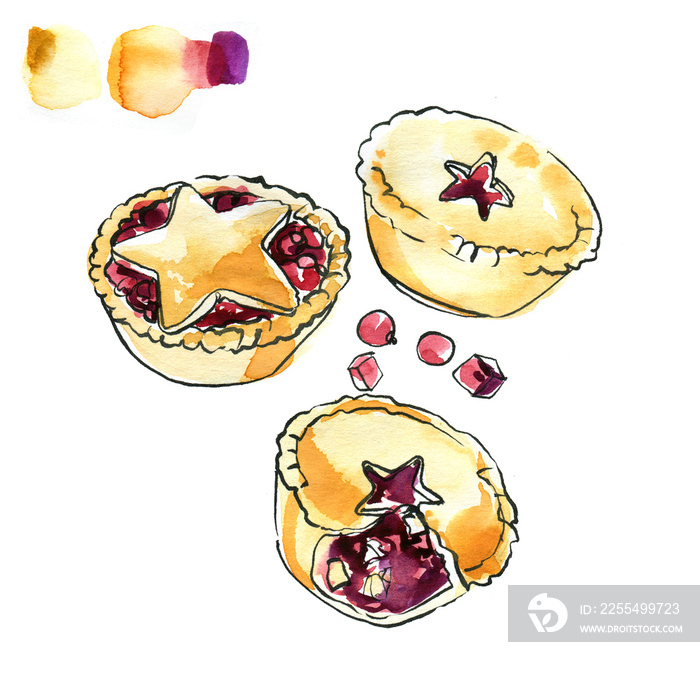 Mince pie. Christmas english buns.  Sketch of watercolor and line ink on a white background.