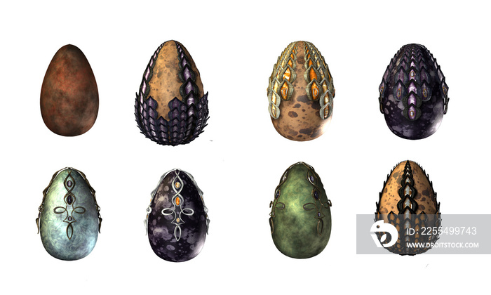 set of dragon eggs, fantasy magical creatures, 3d render,