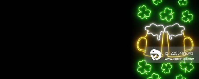 Happy Saint Patricks Day night party neon glowing light Shamrock signboard 3d rendering. Irish holiday beer mug cocktail drink Three leaves clover header banner background 17 March celebration Ireland