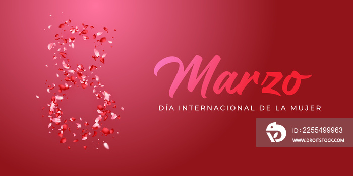 tarjeta o pancarta para el día internacional de la mujer el 8 de marzo en rosa degradado sobre un fondo rosa también en degradado y el número 8 compuesto por pétalos de rosa claro y oscuro