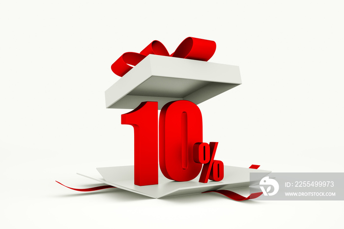 Open gift box with red 10 percent discount on white background - Discount sale concept. 3d rendering