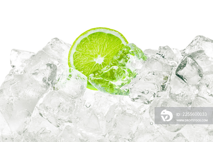 Ice cubes and green lime background.