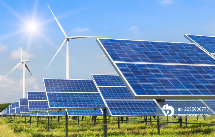 太阳能电池板和风力涡轮机在nat发电站中产生替代能源