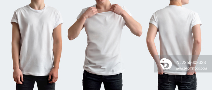 一组三张照片，照片中一个年轻时尚的家伙穿着干净的白色t恤和黑色牛仔裤，穿着白色连衣裙