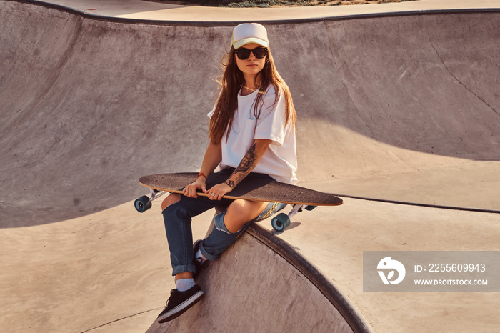 美丽的年轻女子戴着遮阳帽，拿着长板坐在斜坡上的滑板公园里。