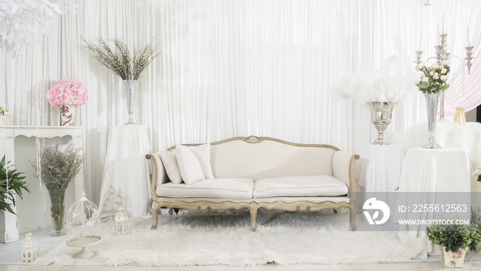 white elegance luxury wooden sofa in wedding ceremony , wedding