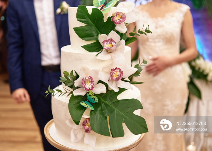 Elegant white wedding cake decorated with green monstera leaves and orchid flowers with bride and gr