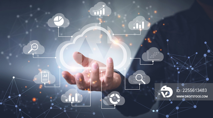 Big data analytics and business intelligence concept with chart and graph icons on a digital screen 