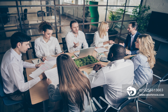 Photo of focused people business sharks sit table desk boardroom workplace workstation have staff di