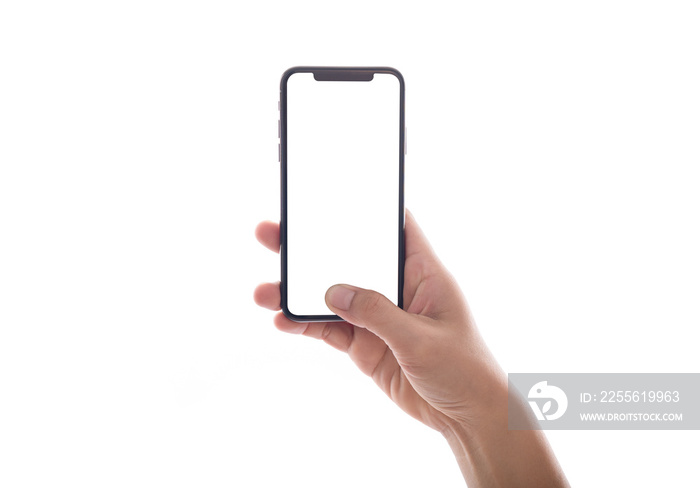 close up hand hold phone isolated on white, mock-up smartphone white color blank screen