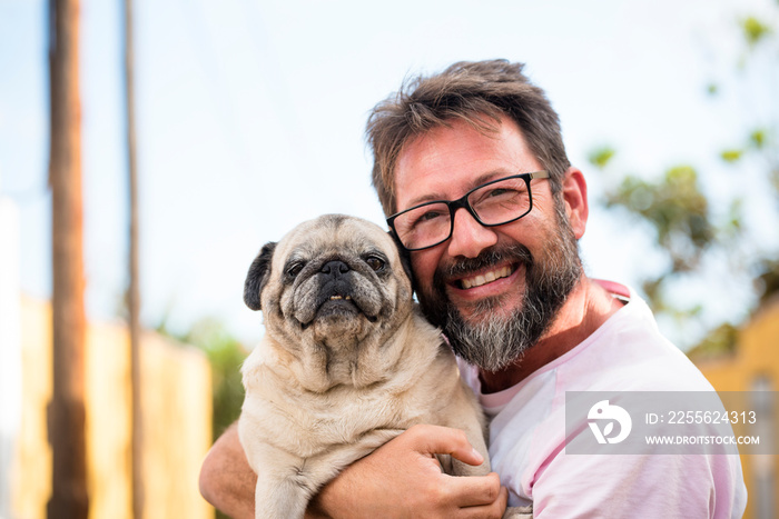 people and dogs love concept - Funny and happy portrait of young handsome adult man and best friend 