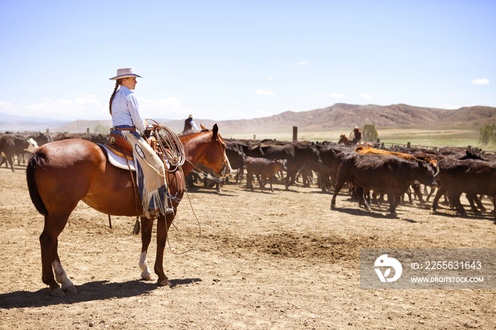 Side view of cowgirl looking away while sitting on horse back