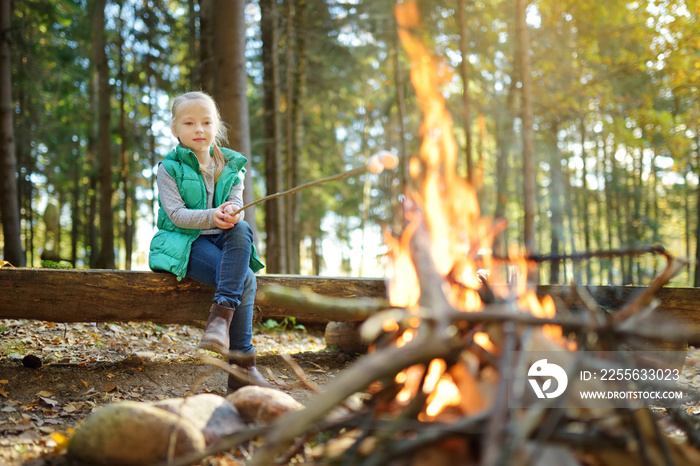 Adorable young girl roasting marshmallows on stick at bonfire. Child having fun at camp fire. Campin