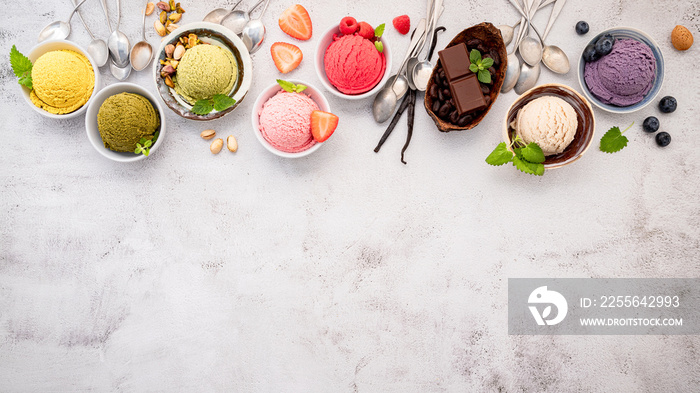 Various of ice cream  flavours in bowl blueberry ,green tea ,coconut ,strawberry and chocolate  setu