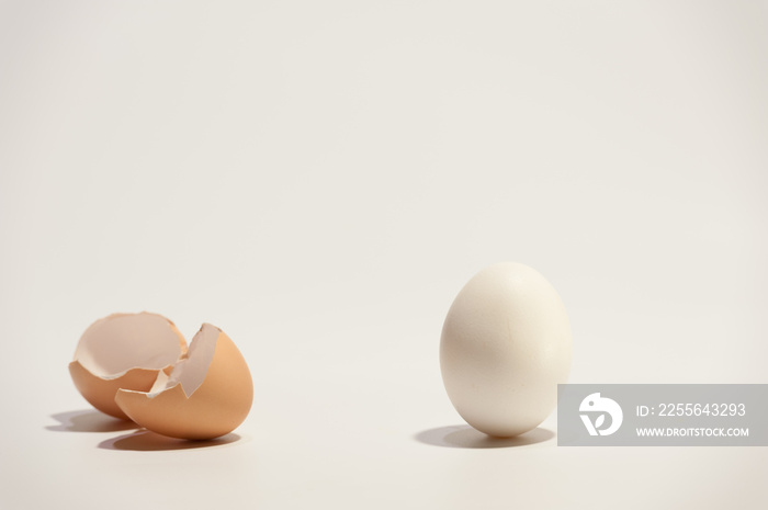 白色背景上的白色鸡蛋和棕色蛋壳。
