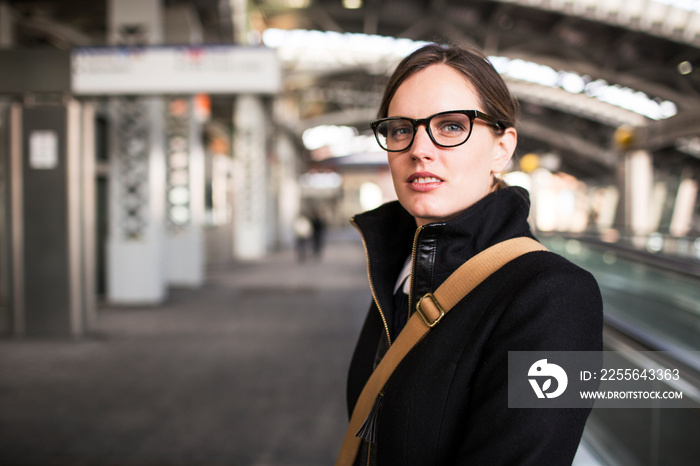 Portrait of young woman at railroad station