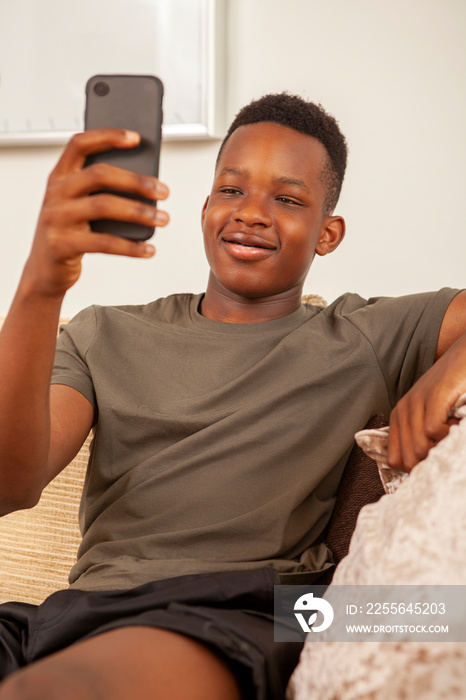 Teenage boy sitting on sofa and using phone