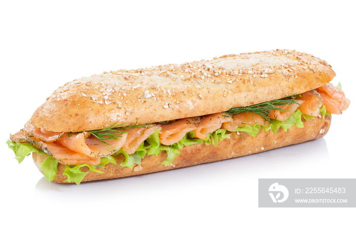 Brötchen Sandwich Vollkorn Baguette belegt mit Lachs Fisch freigestellt Freisteller