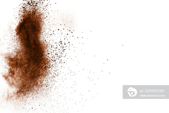 Freeze motion of brown dust explosion. Stopping the movement of brown powder. Explosive brown powder