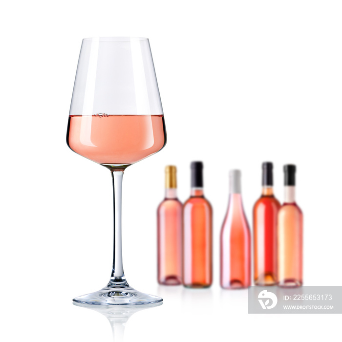 rosé wine glass and bottles isolated on white