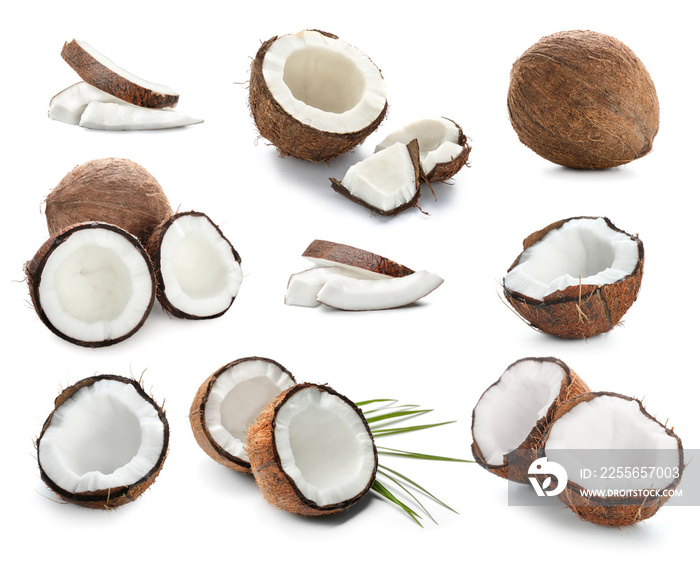 Set of ripe coconuts on white background