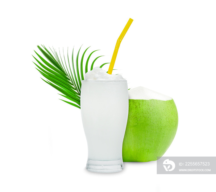 Coconut Smoothie in glass cup with green leaves pattern isolated on white background