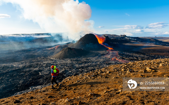 Icelandic volcano Fagradalsfjall eruption with rescue team on foreground