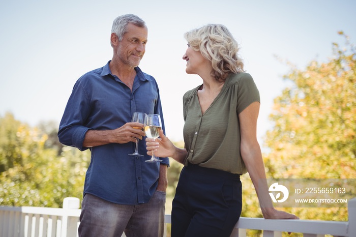 Mature couple toasting glasses of wine in balcony