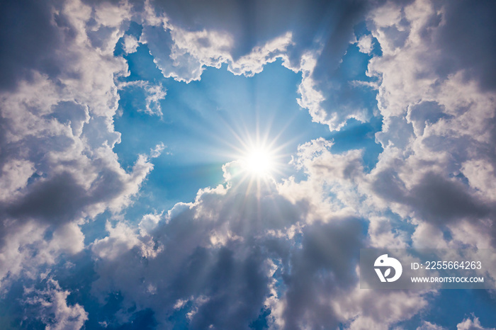 blue sky with clouds and sun shines