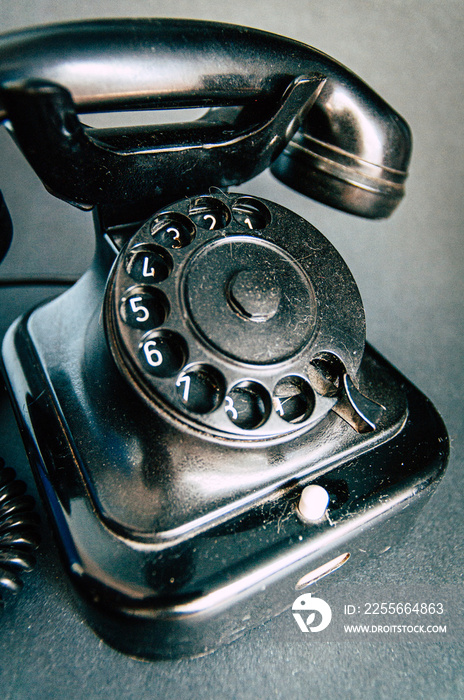 Old black telephone detail. Vintage Telephone.