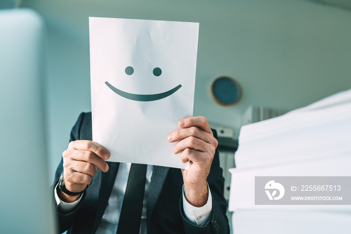 Happy businessman holding paper with smiling emoticon in office interior