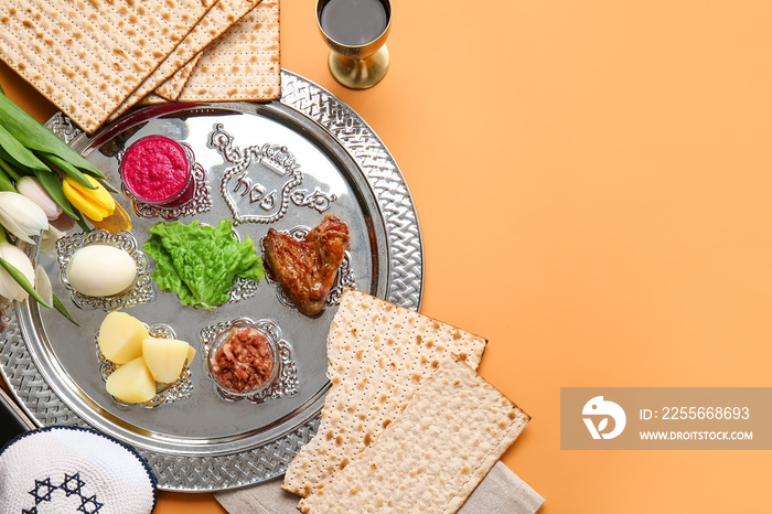 Passover Seder plate with traditional food on color background