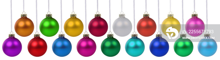 Christmas balls baubles banner hanging isolated on white