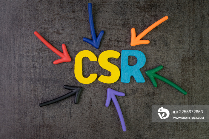 企业社会责任，企业社会责任概念，多色箭头指向缩写CSR at