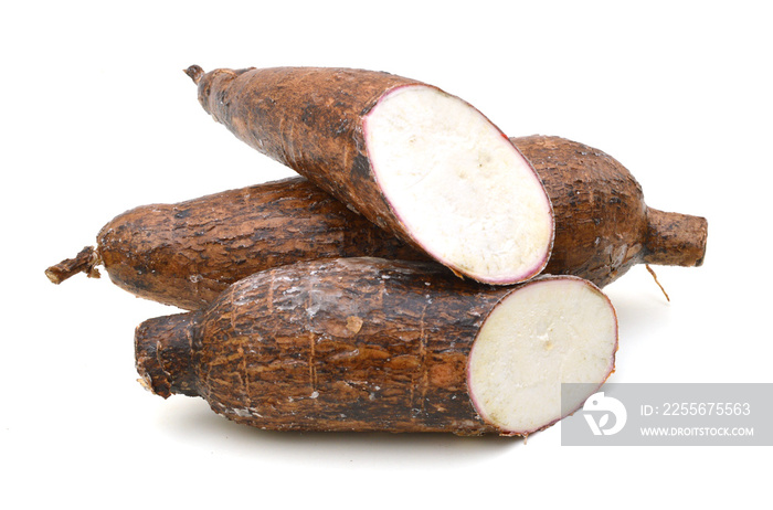 Yuca cassava roots, isolated on white