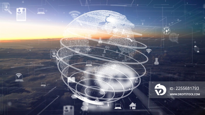 Network of connection modernization over clouds in the sky showing concept of digital network of glo