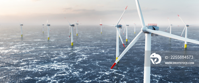 Offshore wind power and energy farm with many wind turbines on the ocean