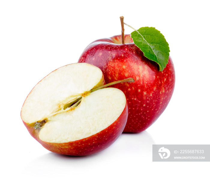 Red apple fruit with green leaf and section isolated