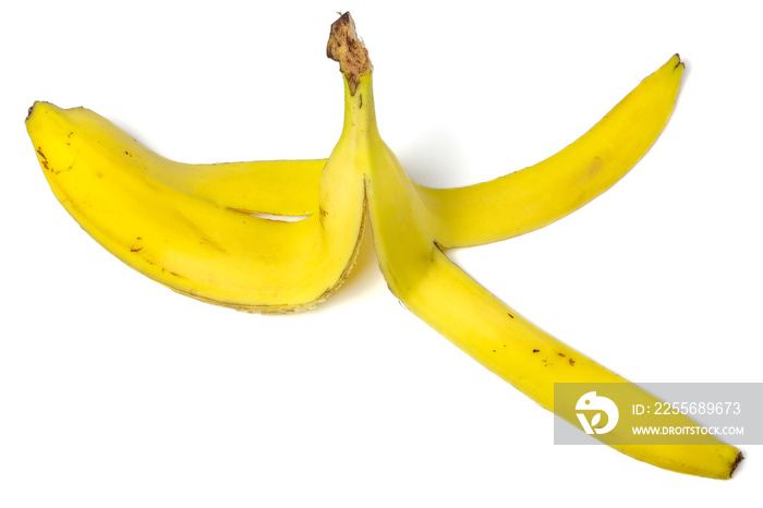 Banana peel isolated on white background. Ripe peeled banana.