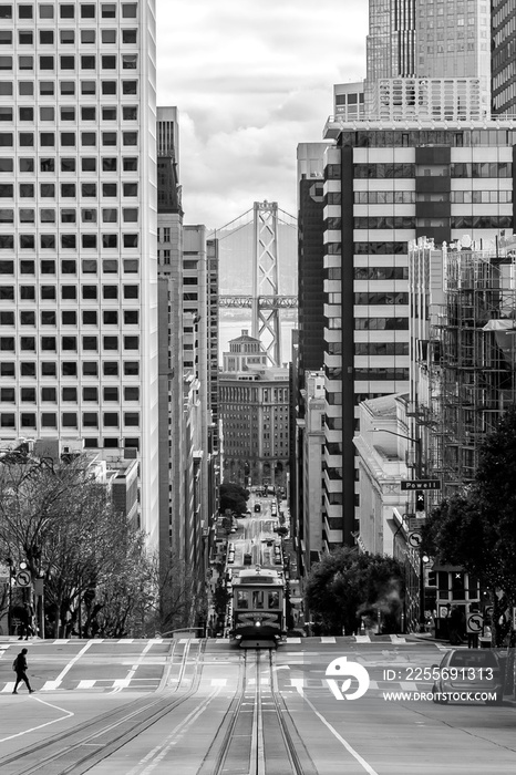 California Street cable car black and white