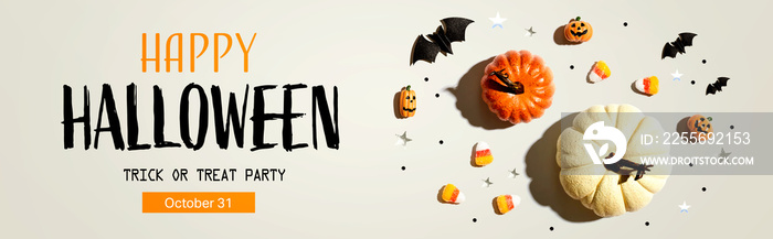 Halloween party banner with pumpkins and Halloween decorations - flat lay